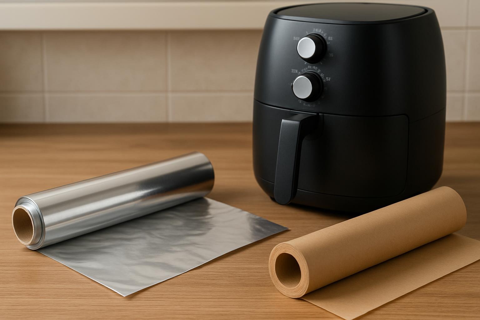 Air fryer and rolls of aluminum foil and parchment paper