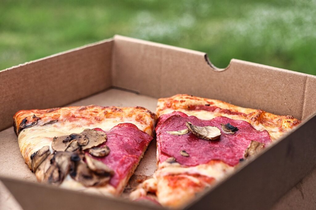 Air-fried slices of pepperoni pizza with crispy crust