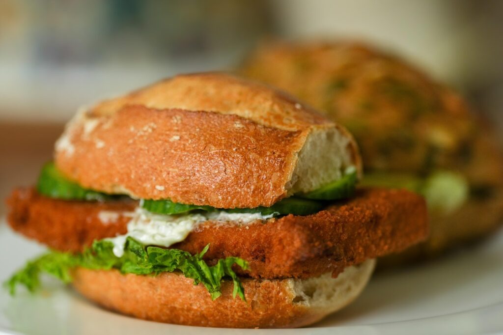 Breaded frozen fish fillet cooked in air fryer and made into a sandwich